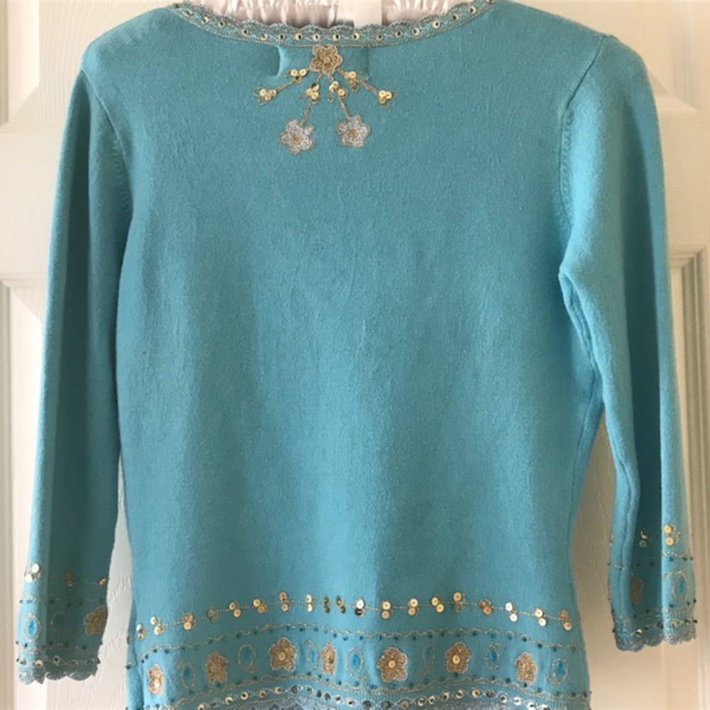 Blue Cardigan with Gold Sequins Trim - Size Small - Picture 2 of 6